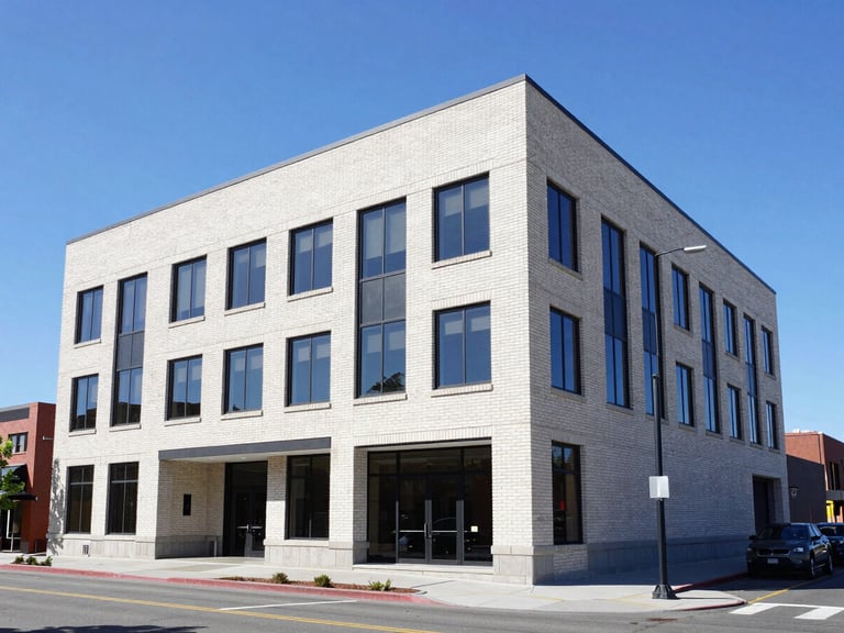 Bright editorial photograph of a modern brick office on Front Street in downtown Boise under clear Idaho daylight, clean professional aesthetic, 35mm