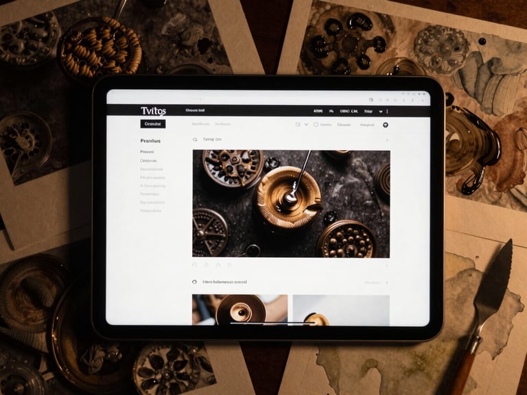 Premium tablet device mockup displaying a dark editorial web UI, framed by macro scans of thick oil paint knife strokes and watercolor washes used as background systems. Low-key warm amber lighting.