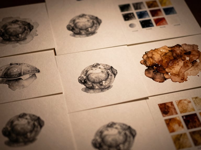A multi-card display of scanned watercolor pencil studies, layered watercolor washes, and rich oil impasto swatches digitized into brand assets and website graphics. Low-key warm amber lighting.