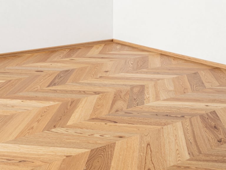 Low-angle architectural shot of freshly laid oak parquet planks showing natural wood grain, perfectly aligned joints, bright daylight, clean plaster white walls in the background, sharp focus, 35mm