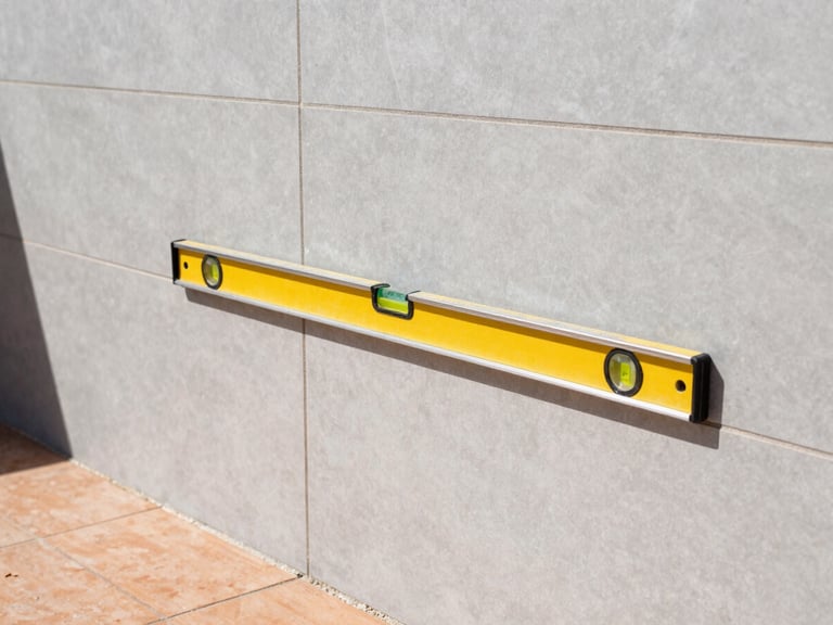 Close-up of a tiler using leveling spacers on large-format gray wall tiles, precise layout alignment, bright natural daylight, crisp focus