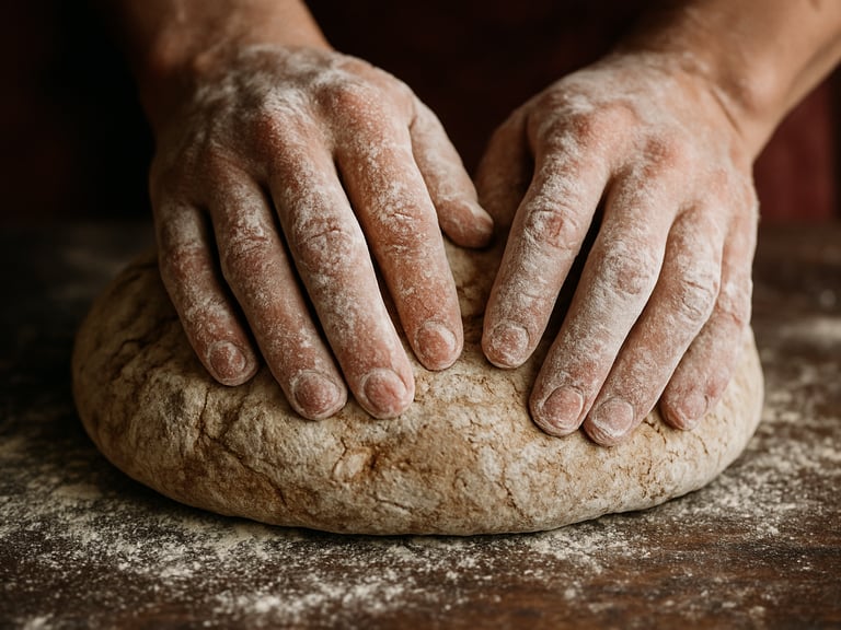 Tactile macro shot of a baker's hands covered in white flour, kneading rustic sourdough on a dark wooden table, soft side daylight, shallow depth of field.