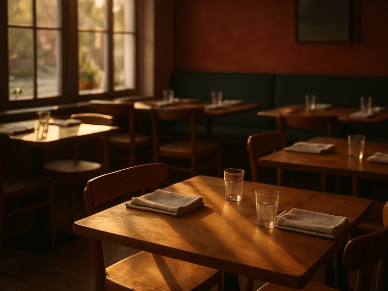 Cozy Scandinavian restaurant dining room at golden hour, empty wooden tables, natural linen napkins, warm sunlight streaming through large windows casting long shadows.