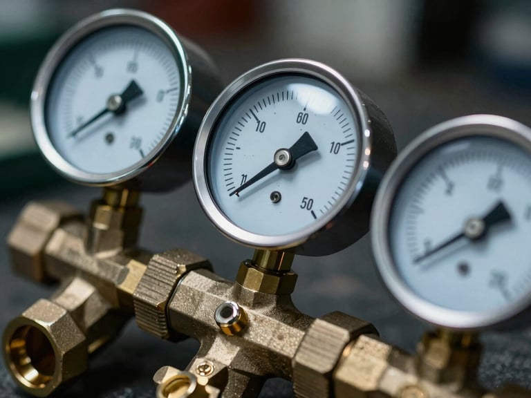 Macro close-up of high-precision brass pressure gauges and industrial valves, cool steel tones, dramatic workshop lighting, sharp focus, 35mm lens