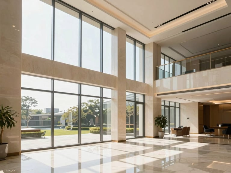 Bright architectural photography of a luxurious, sun-drenched corporate office with floor-to-ceiling glass partitions, natural daylight, warm beige tones, 35mm