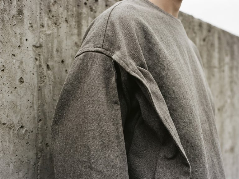 A close-up of a heavyweight cotton garment, architectural drape, dropped shoulder detail, against a brutalist concrete wall, low-contrast overcast daylight, medium-close crop.