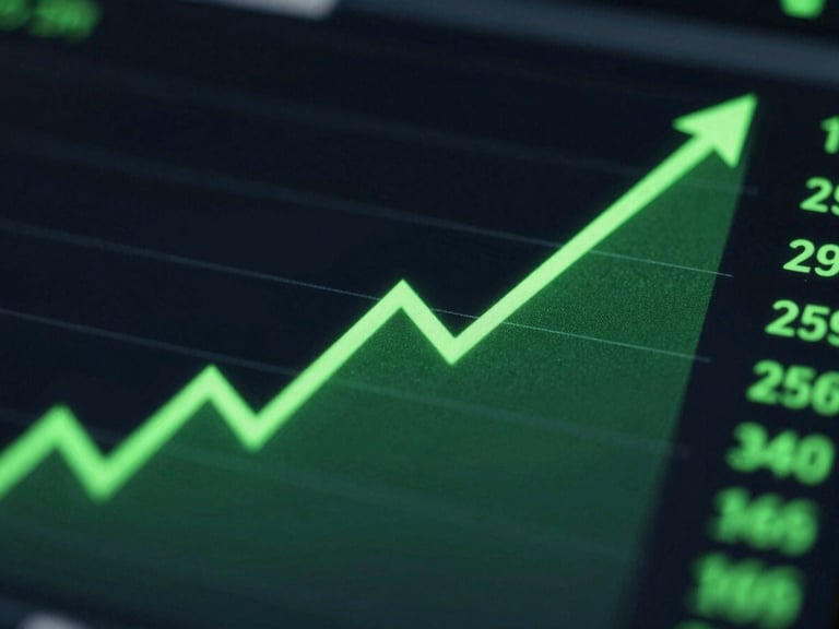 Macro close-up of a data dashboard showing sharp positive trend lines, low-key dramatic neon green light, 35mm.
