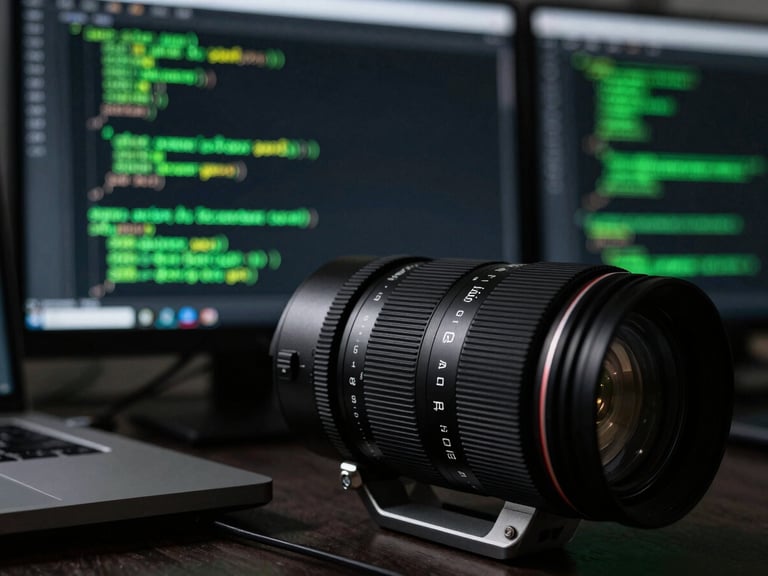 Focused professional working on code in a low-light London tech office, dramatic directional light, macro crop, 35mm.