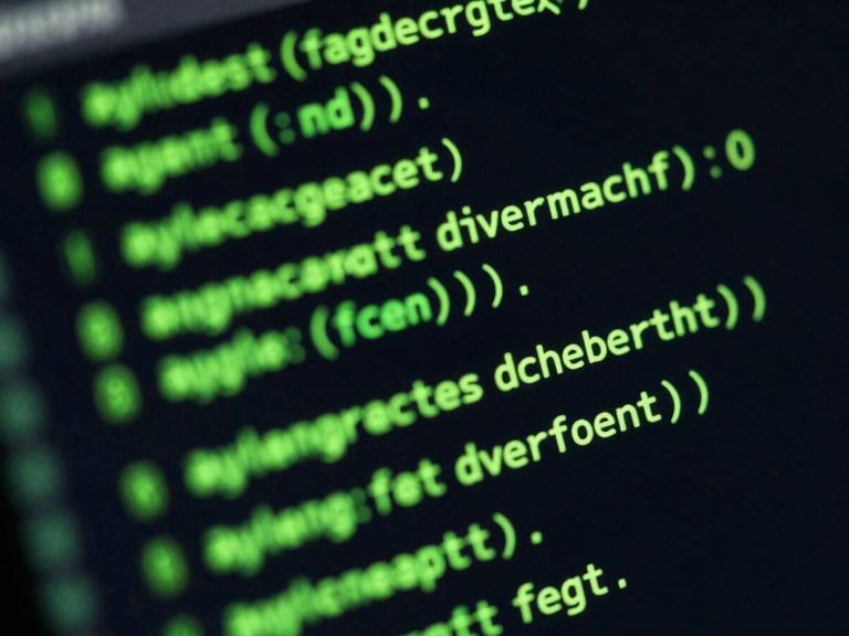 Macro close-up of a dark terminal screen displaying green code and database queries, high-contrast directional neon lighting, 35mm lens