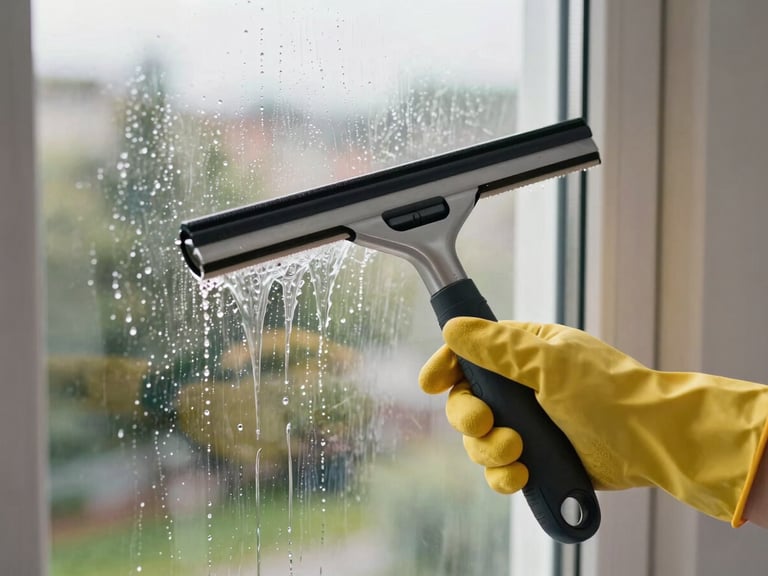 Close-up of gloved hands holding a professional squeegee on a residential window mid-clean, water streaming down glass, natural midday daylight, tools in honest use, no staging