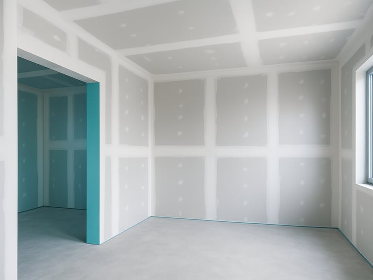 Professional drywall installation with smooth joint compound application, bright natural side lighting, clean industrial interior
