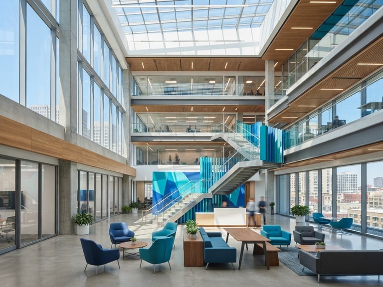 Wide environmental shot of a modern clean commercial interior with sharp architectural lines, bright natural daylight, blue and turquoise accents, 24mm lens