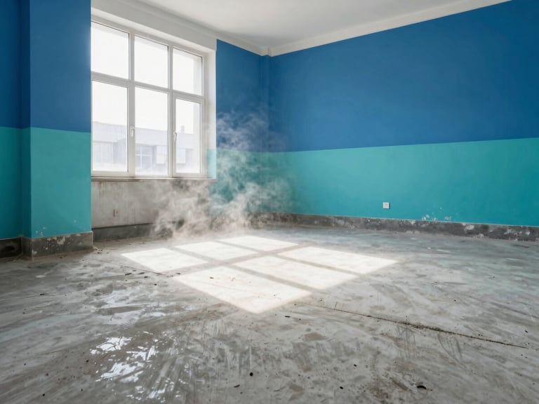 Controlled interior demolition site, clean concrete floor, sunlight filtering through dust-free air, professional safety standards