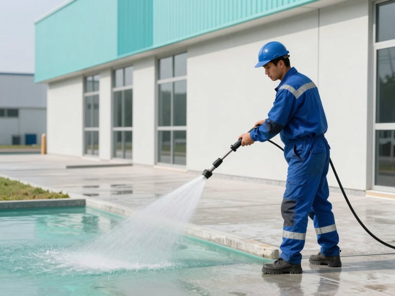 A crisp action shot of a professional worker in clean safety gear executing pressure washing on a modern commercial concrete pathway, bright natural daylight, turquoise water spray, clean lines