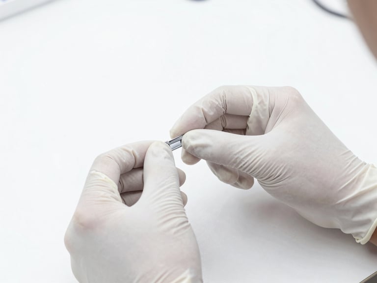 Close-up of a hand in a white glove inspecting a small consumer good (e.g., a mobile phone accessory) on a clean white table, bright studio lighting, focus on detail and quality control.