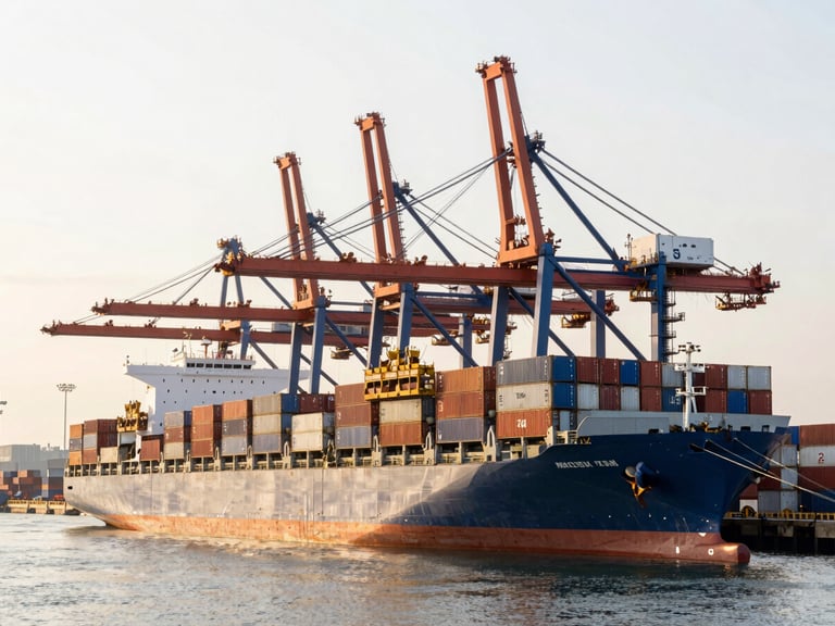 Panoramic view of a bustling container port at sunset, large cargo ships docked, cranes loading containers, focus on global reach and organized movement.