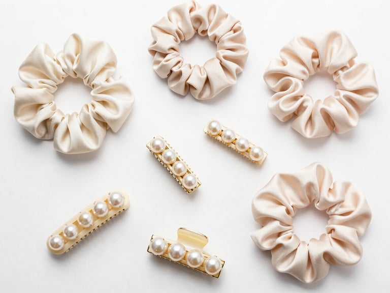 Clean flat lay of assorted pearl hair clips and satin scrunchies on a pristine white background, bright studio lighting, sharp focus.