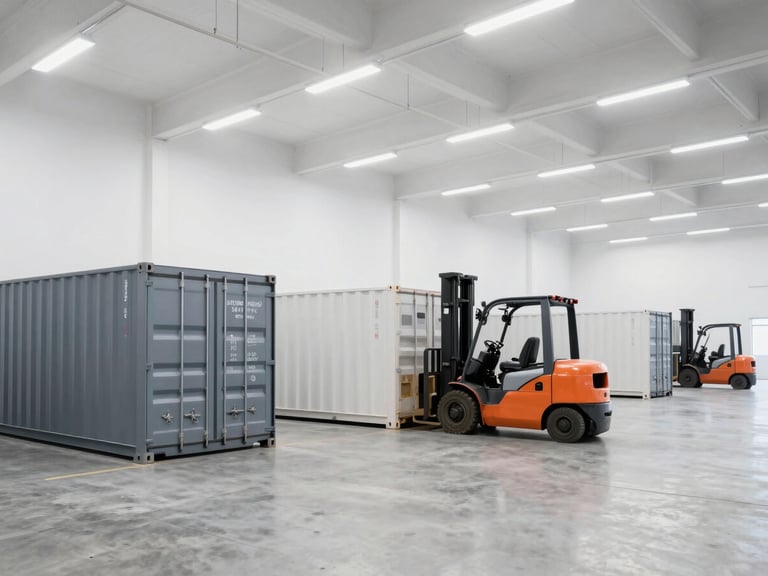 Wide-angle view of a modern, organized warehouse interior with multiple shipping containers being loaded, clean concrete floor, bright overhead lighting, a forklift in motion, focus on efficiency and scale.