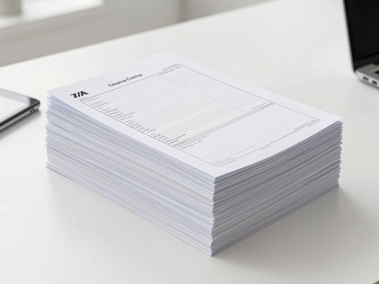 Neatly stacked customs paperwork and shipping manifests on a clean desk, a pen and a tablet nearby, bright office environment, focus on organized documentation.