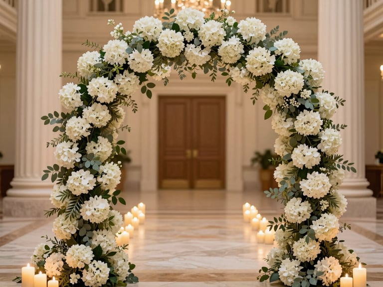 Premium editorial photography, soft candlelight, an architectural floral arch made of white hydrangeas and eucalyptus in a grand luxury hall, 35mm