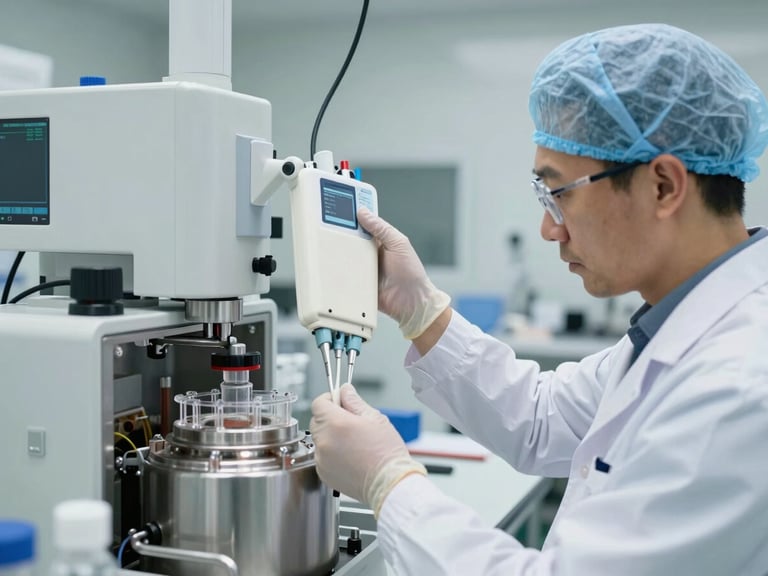 A researcher in a sterile white cleanroom environment working with advanced pipettes and bioreactors under crisp daylight.