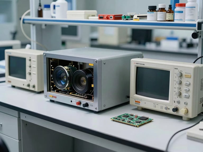 A clean laboratory bench with high-performance computational hardware, oscilloscope, and microchips under cool clinical daylight.