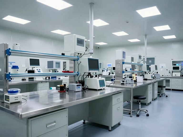 Wide environmental shot of a cleanroom laboratory facility with stainless steel workbenches, cool white clinical lighting, and structured technical equipment.