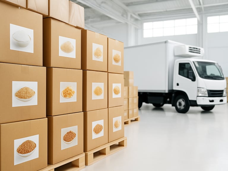 A bright, clean commercial warehouse environment with neatly organized bulk ingredient boxes, a temperature-controlled delivery vehicle visible in the background under crisp daylight.