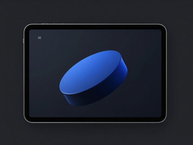 Minimalist landing page interface displayed on a tablet, clean typography, deep charcoal background, sharp focus
