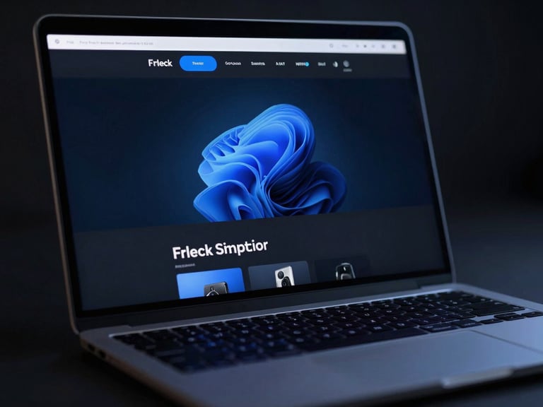 Sleek dark-mode ecommerce website mockup on a laptop screen, glowing electric blue accents, sharp macro focus