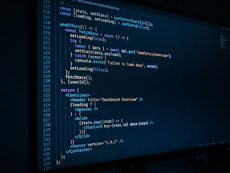 A close-up of clean React code on a high-end monitor in a dark studio, illuminated by a sharp electric blue ambient glow, shallow depth of field.