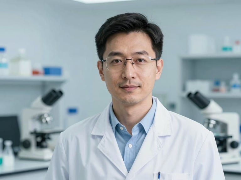 Professional headshot of a male researcher in a clean lab setting, soft blue background, bright natural daylight, 35mm