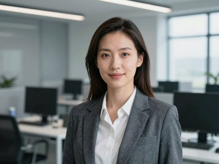 Professional headshot of a female engineer in a modern workspace, cool slate tones, sharp focus, 35mm