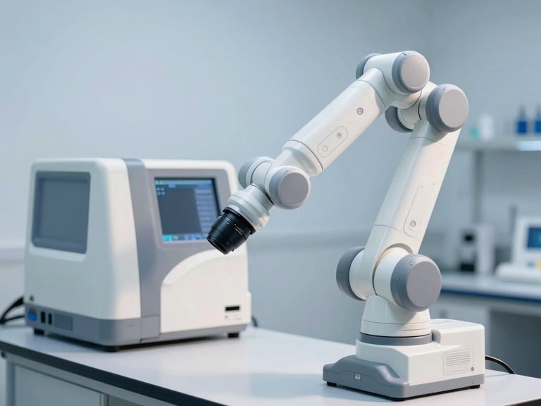 Clean clinical photography of modern robotic laboratory equipment under bright natural daylight, soft blue tones, crisp focus