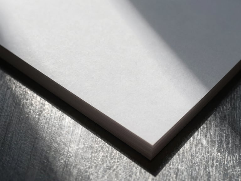 Macro shot of premium matte paper collateral resting on brushed metal, sharp high-contrast architectural shadows, cool diffused light.