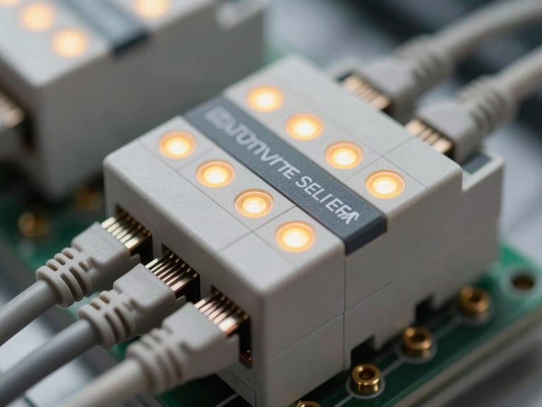 Extreme close-up macro shot of clean industrial PLC modules with glowing amber status LEDs, organized gray communication cables, sharp technical focus, clean industrial tech aesthetic.