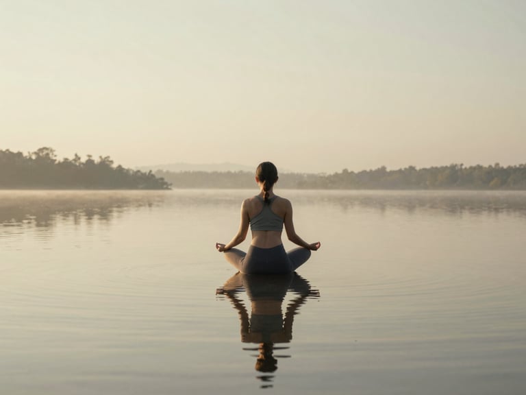 A calm person meditating by a tranquil lake at sunrise, reflecting inner peace and harmony, warm editorial photography, soft natural daylight, muted sage and sand tones, atmospheric, serene landscape, 35mm lens