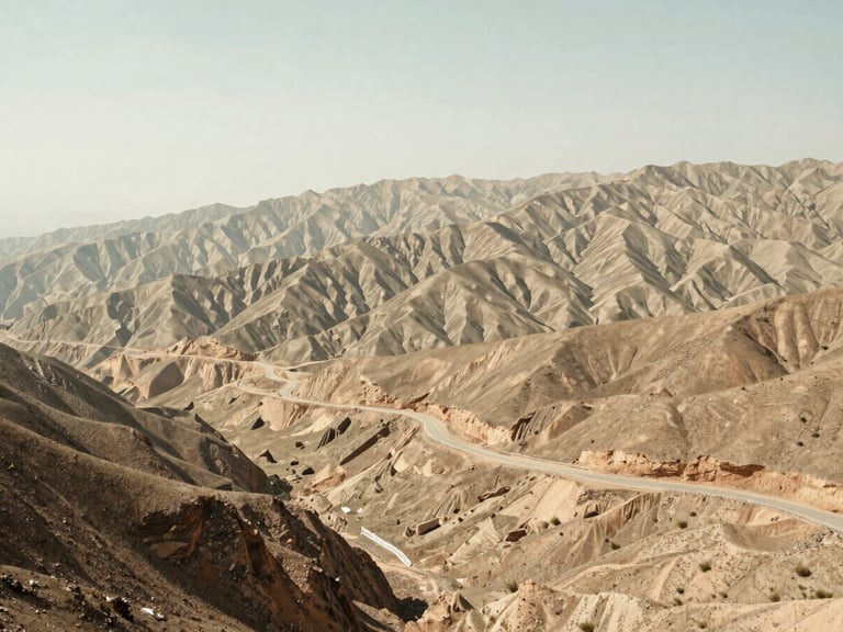 A wide panoramic view of a mountain range with a winding road, symbolizing freedom and new perspectives, warm editorial photography, soft natural daylight, muted sage and sand tones, atmospheric, serene landscape, 35mm lens