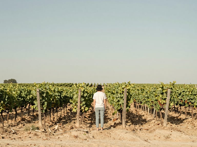 A person looking out over a calm, expansive vineyard, symbolizing long-term growth and financial peace, warm editorial photography, soft natural daylight, muted sage and sand tones, atmospheric, serene landscape, 35mm lens