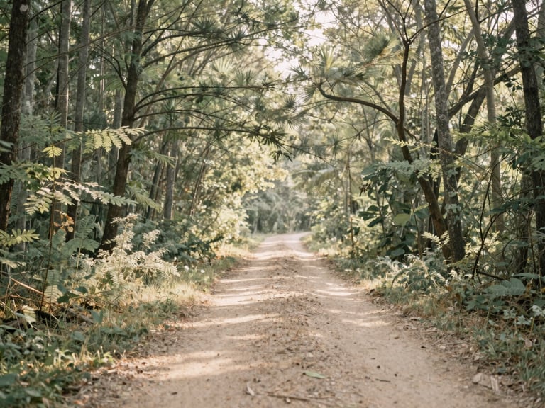 A serene forest path with soft morning light, evoking vitality and well-being, warm editorial photography, soft natural daylight, muted sage and sand tones, atmospheric, serene landscape, 35mm lens