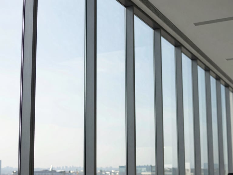 Modern office space with floor-to-ceiling windows, subtle heat reduction film applied, bright natural daylight, clean glass reflections, 35mm lens