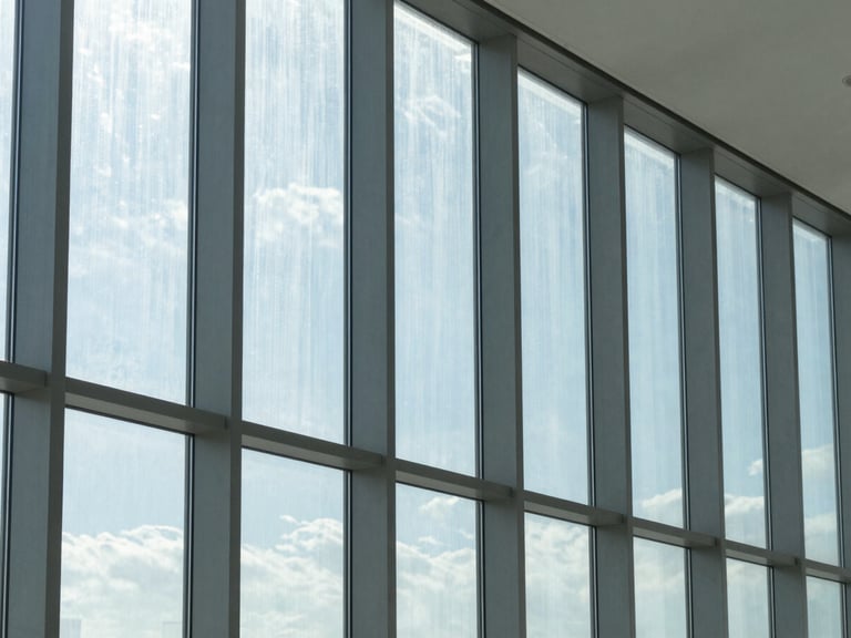 Crisp architectural interior with large windows, sunlight filtering through a subtle sun control film, cool grey and blue tones, 35mm lens