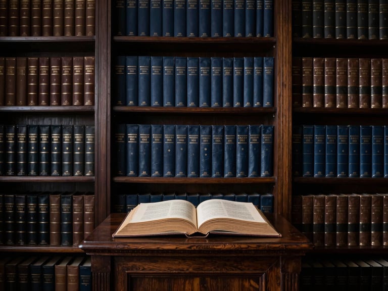 Una imponente biblioteca jurídica de élite con estanterías de madera oscura y volúmenes encuadernados en cuero, iluminación dramática de claroscuro, enfoque en un libro antiguo abierto sobre un atril de madera, 35mm lens.