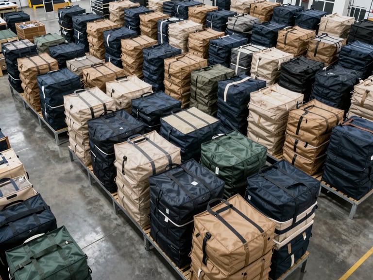 Wide-angle overhead view inside an organized bag manufacturing facility, rows of completed custom tote bags neatly stacked by batch on metal shelving units, each stack uniform in color and size, bright overhead industrial lighting casting clean shadows, concrete floor visible, no workers in frame—emphasizing inventory scale and production order
