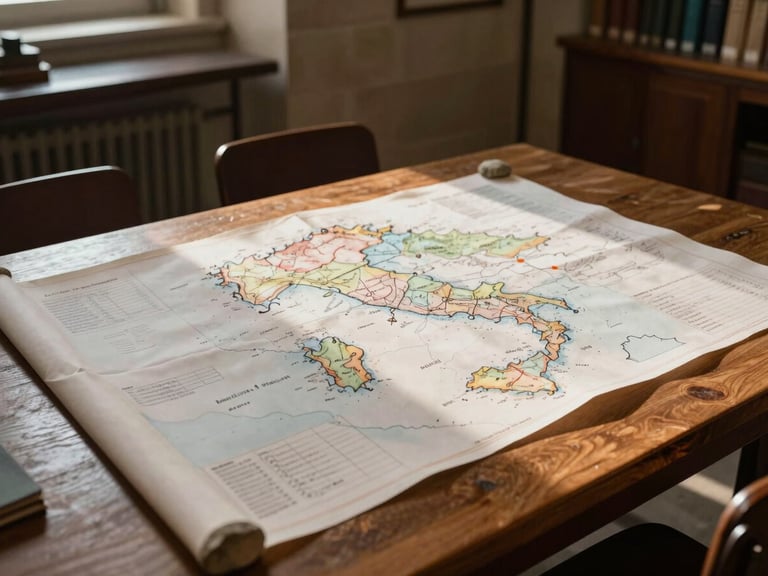 Ground-level view of an Italian municipal archive room, overhead north-facing daylight falling across a large hand-drawn regional map spread open on a wooden table, corners held by stones, pencil annotations visible in the margins, empty chairs around the table suggesting recent gathering, warm stone walls in background, no people present