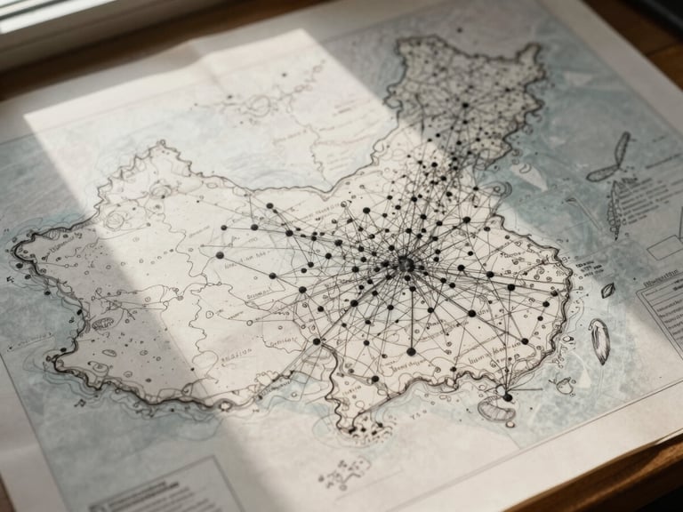 Overhead close study of a hand-drawn regional map on aged paper, pencil annotations marking interconnected nodes, north-facing window light casting soft shadow, no people visible