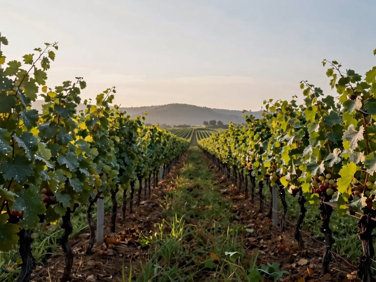 Ground-level view along rows of an Italian agricultural cooperative's vineyard at dawn, dew on leaves, diffused natural light, no people, landscape receding to hills in distance