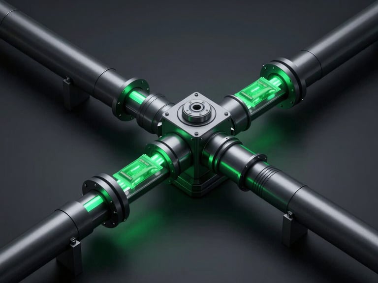 Sleek 3D render of an automated pipeline with glowing electric green data packets passing through precise filter nodes, isometric perspective. Dark mode aesthetic, deep slate accents, moody technical lighting.