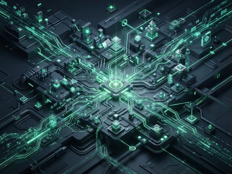 Sleek 3D render of abstract data nodes representing high-speed marketing flows, dark mode aesthetic, electric green and deep slate accents, crisp technical lighting, isometric perspective, panoramic 21:9 framing.