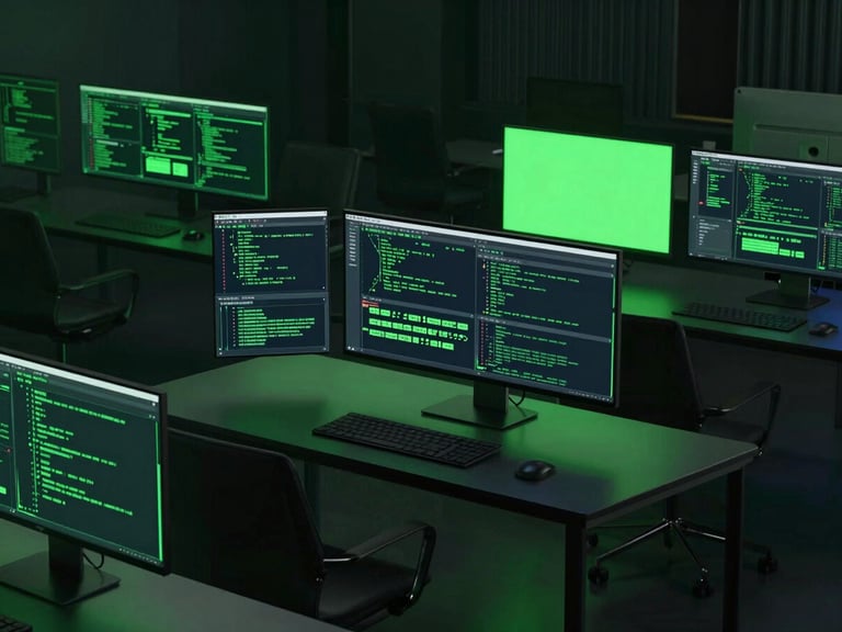 Sleek high-contrast workspace interior at night, multiple screens glowing with code and wireframes, electric green ambient lighting, architectural depth, moody studio lighting